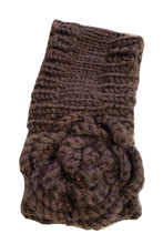 Load image into Gallery viewer, Brown woollen machine knitted headband with flower. Warm winter headband