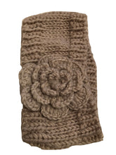 Load image into Gallery viewer, Cream woollen machine knitted headband with flower. Warm winter headband