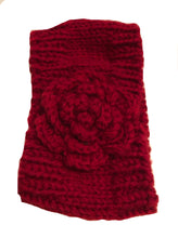 Load image into Gallery viewer, Red woollen machine knitted headband with flower. Warm winter headband

