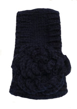 Load image into Gallery viewer, navy blue woollen machine knitted headband with flower. Warm winter headband