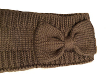 Load image into Gallery viewer, Brown woollen machine knitted headband with bow. Lovely to keep your head warm in the winter.