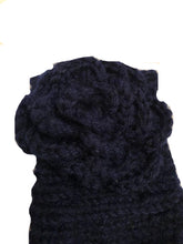 Load image into Gallery viewer, navy blue woollen machine knitted headband with flower. Warm winter headband