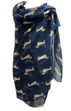 Load image into Gallery viewer, Pamper Yourself Now Sausage/dachshund dogs long Scarf, great present/gift for dog lovers. (Cream with Blue sausage dogs)