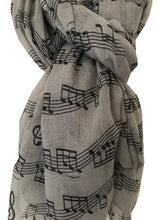 Load image into Gallery viewer, Pamper Yourself Now Big Scarf, Grey with Black Music Notes Print Scarf. Lovely Warm Winter Scarf Fantastic Gift