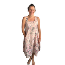 Load image into Gallery viewer, Light pink Long Empire line Floral Dress with Square Neck and Two Front Pockets 100% Linen. One Size Recommended Fits Size 12-18 Made in Italy (AA65)