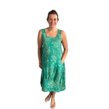 Load image into Gallery viewer, Light Teal Long Empire line Floral Dress with Square Neck and Two Front Pockets 100% Linen. One Size Recommended Fits Size 12-18 Made in Italy (AA65)
