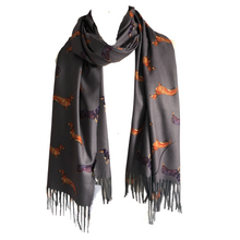 Load image into Gallery viewer, Ladies Luxury Grey Dachshund scarf/ wrap with tassels.