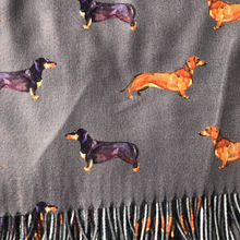 Load image into Gallery viewer, Ladies Luxury Grey Dachshund scarf/ wrap with tassels.