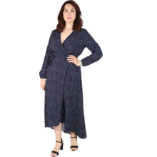 Load image into Gallery viewer, Navy Blue Polka Dot Wrap Dress with pockets. (A130)