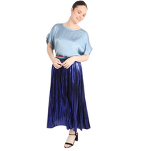 Load image into Gallery viewer, Royal Blue Foil Pleated Skirt with Glitter Stripe Waistband. (A135)