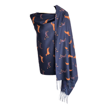 Load image into Gallery viewer, Ladies Luxury Navy blue Dachshund scarf/ wrap with tassels.