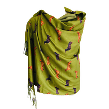 Load image into Gallery viewer, Ladies Luxury Green Dachshund scarf/ wrap with tassels.