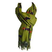 Load image into Gallery viewer, Ladies Luxury Green Dachshund scarf/ wrap with tassels.