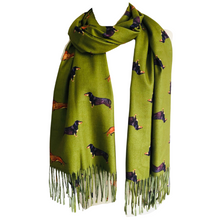 Load image into Gallery viewer, Ladies Luxury Green Dachshund scarf/ wrap with tassels.