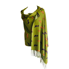 Load image into Gallery viewer, Ladies Luxury Green Dachshund scarf/ wrap with tassels.