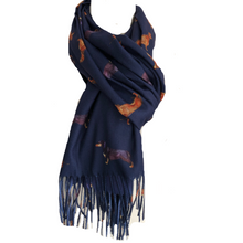Load image into Gallery viewer, Ladies Luxury Navy blue Dachshund scarf/ wrap with tassels.