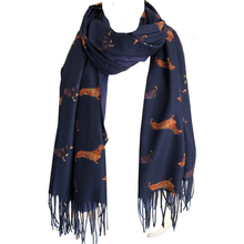 Load image into Gallery viewer, Ladies Luxury Navy blue Dachshund scarf/ wrap with tassels.