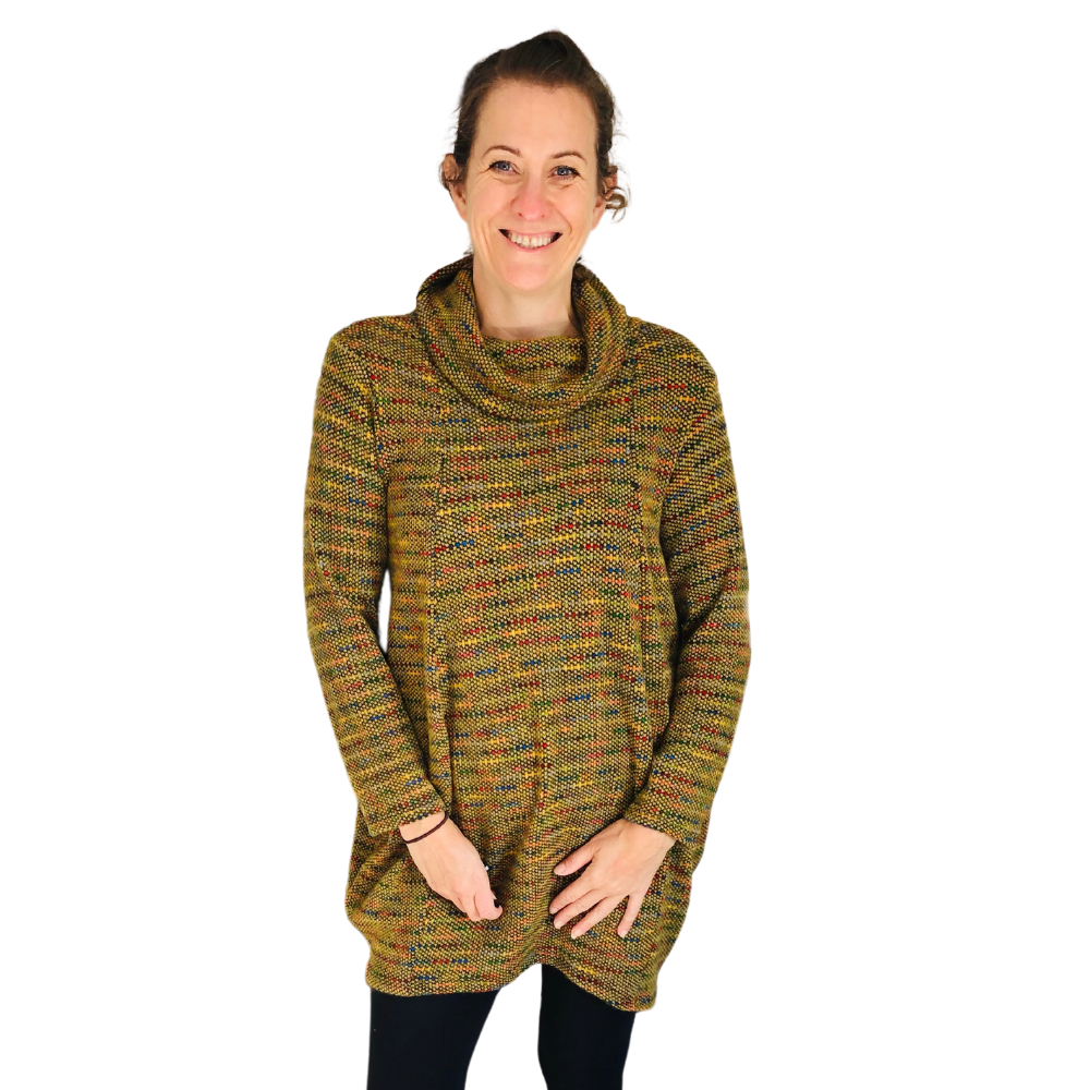 Ladies Long Mustard multi coloured spotty Cowl Neck Jumper (A124)