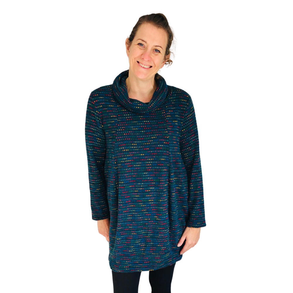 Ladies Long Teal multi coloured spotty Cowl Neck Jumper (A124)