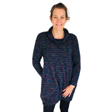 Load image into Gallery viewer, Ladies Long Navy Blue multi coloured spotty Cowl Neck Jumper (A124)