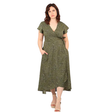 Load image into Gallery viewer, Khaki green Speckled Animal Print Wrap Dress with cap sleeves and pockets. (A144)