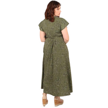 Load image into Gallery viewer, Khaki green Speckled Animal Print Wrap Dress with cap sleeves and pockets. (A144)
