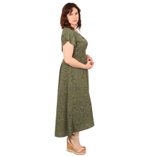 Load image into Gallery viewer, Khaki green Speckled Animal Print Wrap Dress with cap sleeves and pockets. (A144)