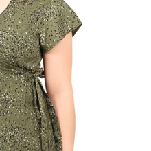 Load image into Gallery viewer, Khaki green Speckled Animal Print Wrap Dress with cap sleeves and pockets. (A144)