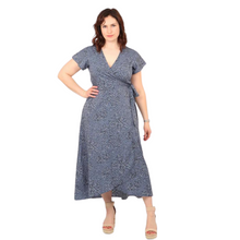 Load image into Gallery viewer, Blue Speckled Animal Print Wrap Dress with cap sleeves and pockets. (A145)
