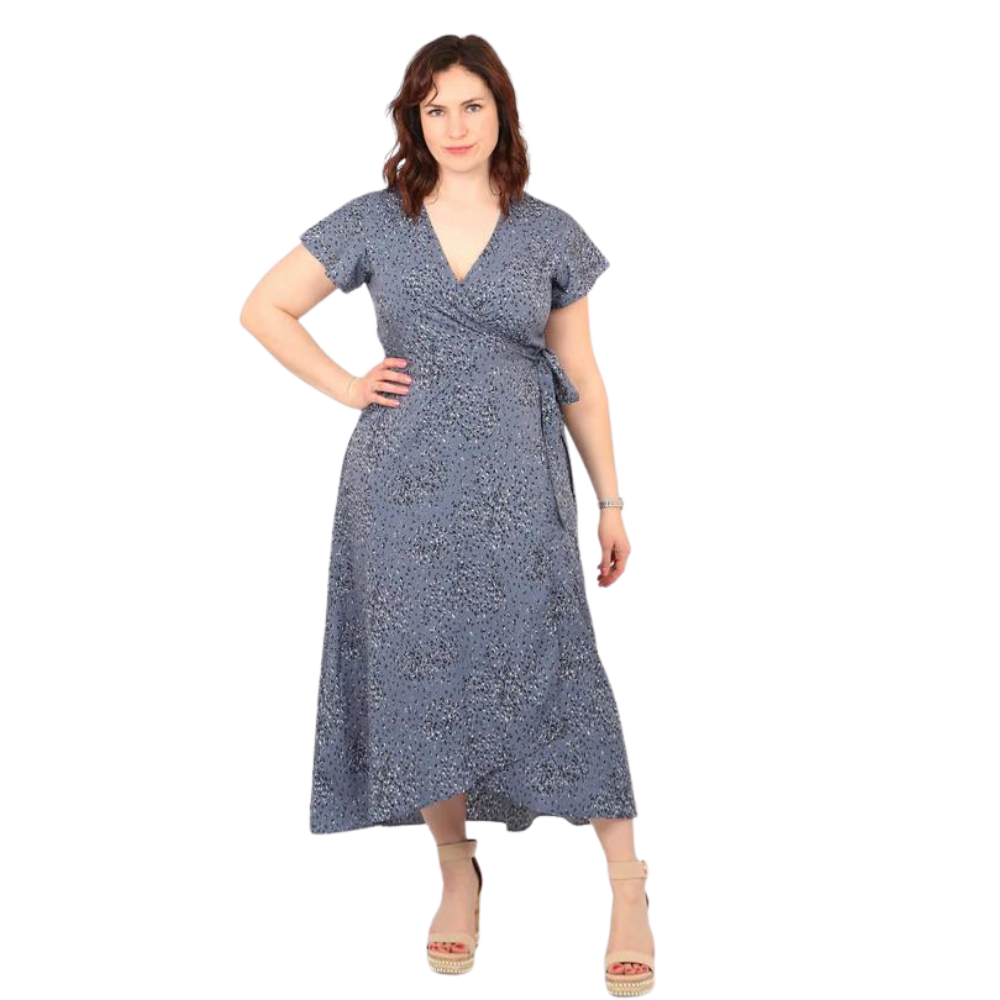Blue Speckled Animal Print Wrap Dress with cap sleeves and pockets.  (A145)