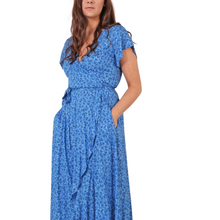Load image into Gallery viewer, Light Blue Dainty Floral Sprig Wrap Dress with cap sleeves and pockets. (A143)