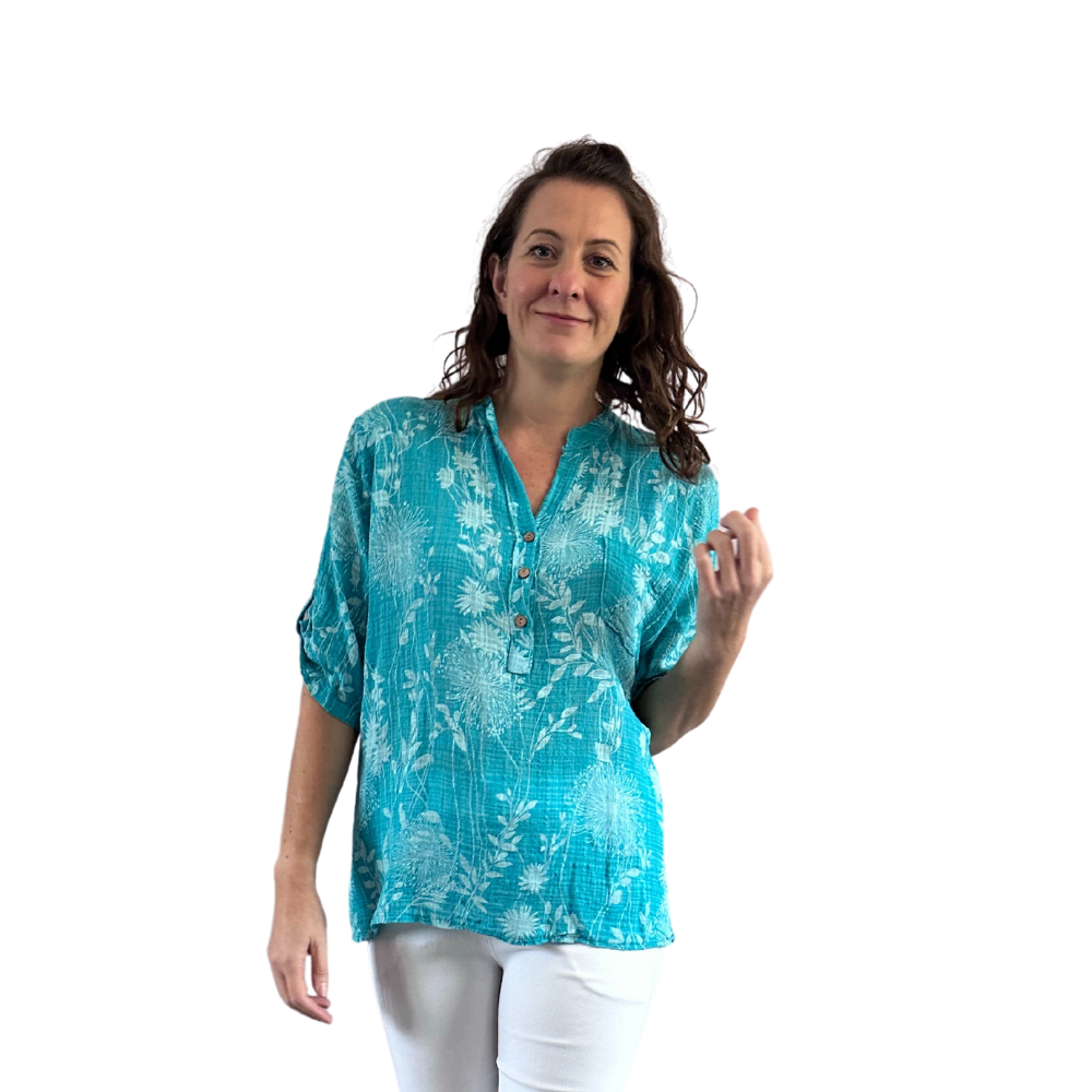 Ladies Turquoise dandelion print shirt (A127)