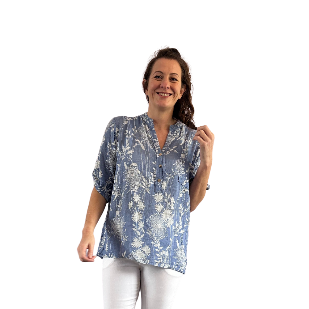 Ladies Demin blue dandelion print shirt (A127)