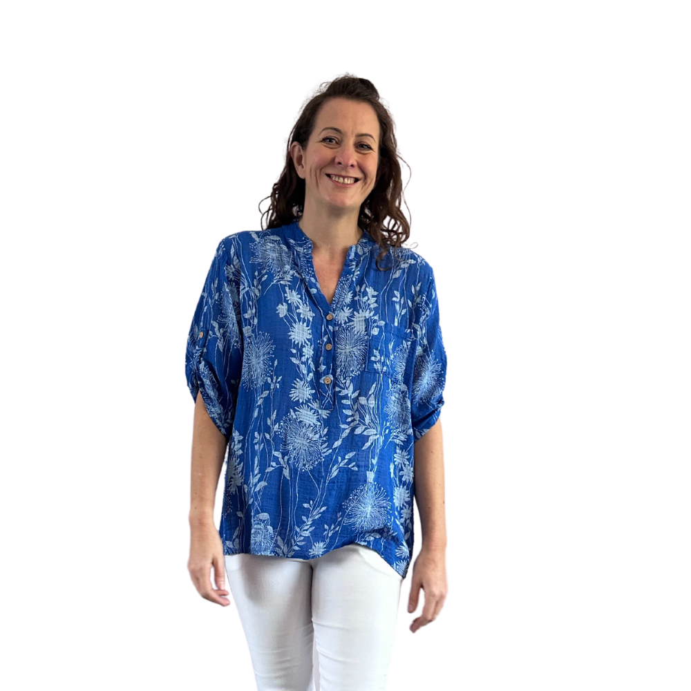 Ladies Royal blue dandelion print shirt (A127)