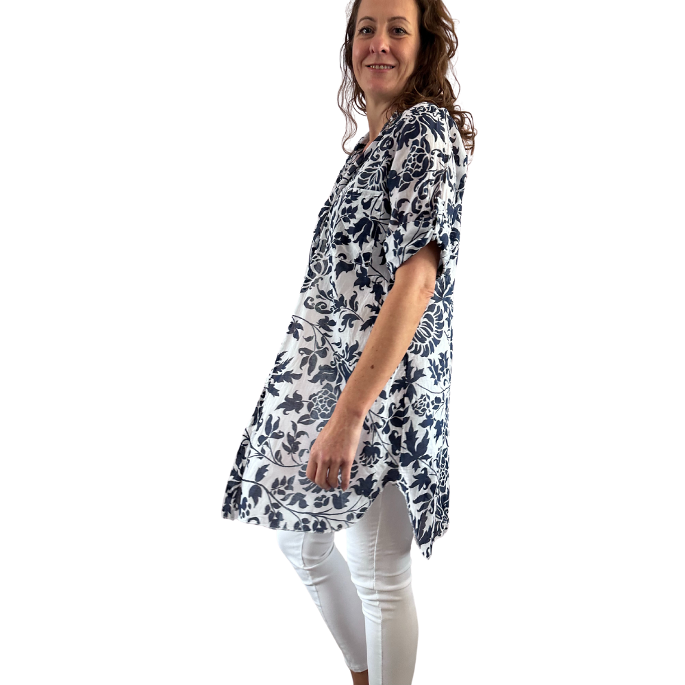 White/navy shirt/dress with Floral design for women (A150)