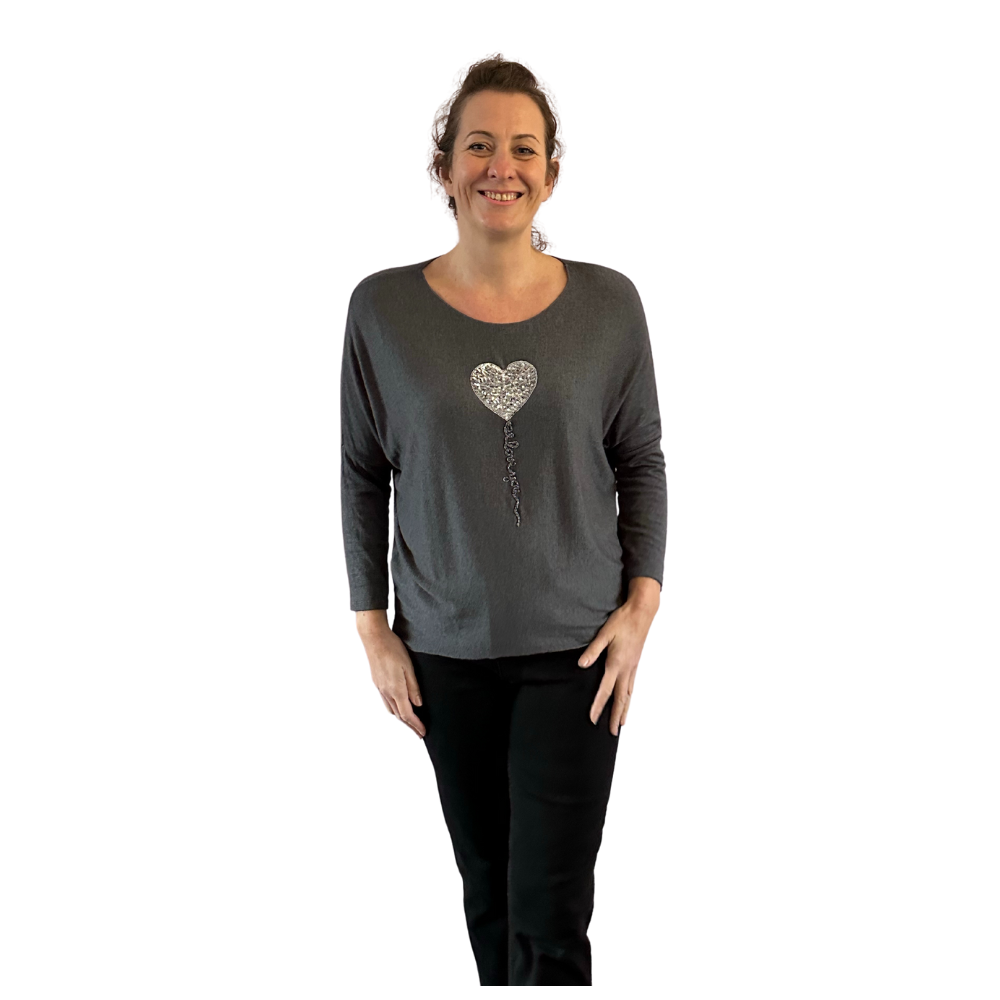 Grey Heart balloon soft knit top for women. (A156)