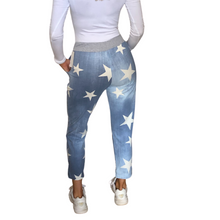 Load image into Gallery viewer, Light blue with white star print Italian Joggers for casual  everyday wear. Made in Italy
