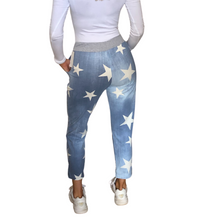Load image into Gallery viewer, Light blue with white star print Italian Joggers for casual everyday wear. Made in Italy