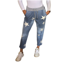 Load image into Gallery viewer, Light blue with white star print Italian Joggers for casual everyday wear. Made in Italy