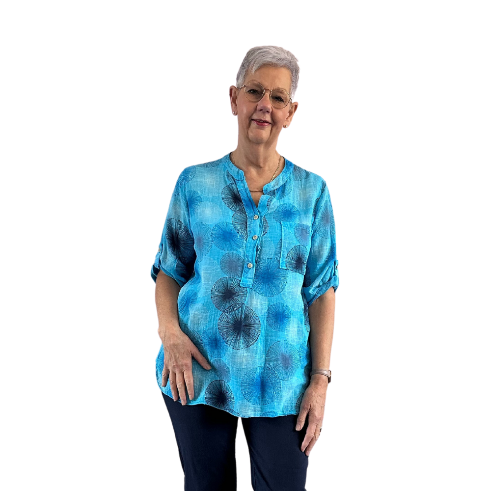 Turquoise dandelion puff design collarless Shirt 100% cotton  (A109)