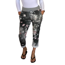 Load image into Gallery viewer, Grey Floral print Italian Joggers for casual everyday wear. Made in Italy