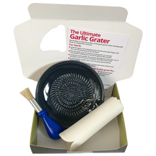 Load image into Gallery viewer, Grey with white garlic motif Garlic and Ginger Grater Plate set with brush and peeler. (19)