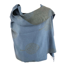 Load image into Gallery viewer, Ladies Cashmere Blue + Light Grey Tree of Life reversable Blanket Scarf