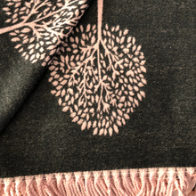 Load image into Gallery viewer, Ladies Cashmere Pink and Black Tree of Life reversable Blanket Scarf