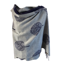 Load image into Gallery viewer, Ladies Cashmere navy Tree of Life reversable Blanket Scarf