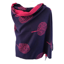 Load image into Gallery viewer, Ladies Cashmere Navy and hot pink Tree of Life reversable Blanket Scarf