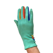 Load image into Gallery viewer, Plain mint green ladies Gloves with a splash of colour between the fingers- G1925
