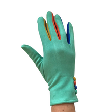 Load image into Gallery viewer, Plain mint green ladies Gloves with a splash of colour between the fingers- G1925
