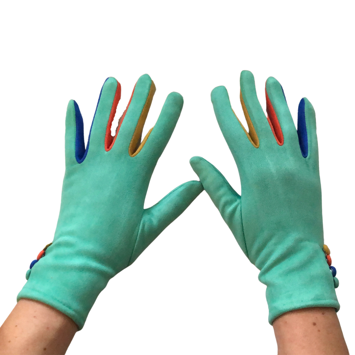 Plain mint green ladies Gloves with a splash of colour between the fingers- G1925