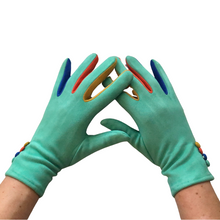 Load image into Gallery viewer, Plain mint green ladies Gloves with a splash of colour between the fingers- G1925